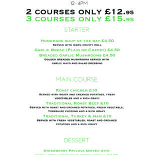 Sunday lunch 2 & 3 course offers